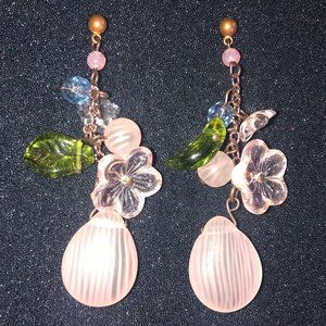 Pink Flower Earrings Art Glass Beaded Copper USA 2.5"